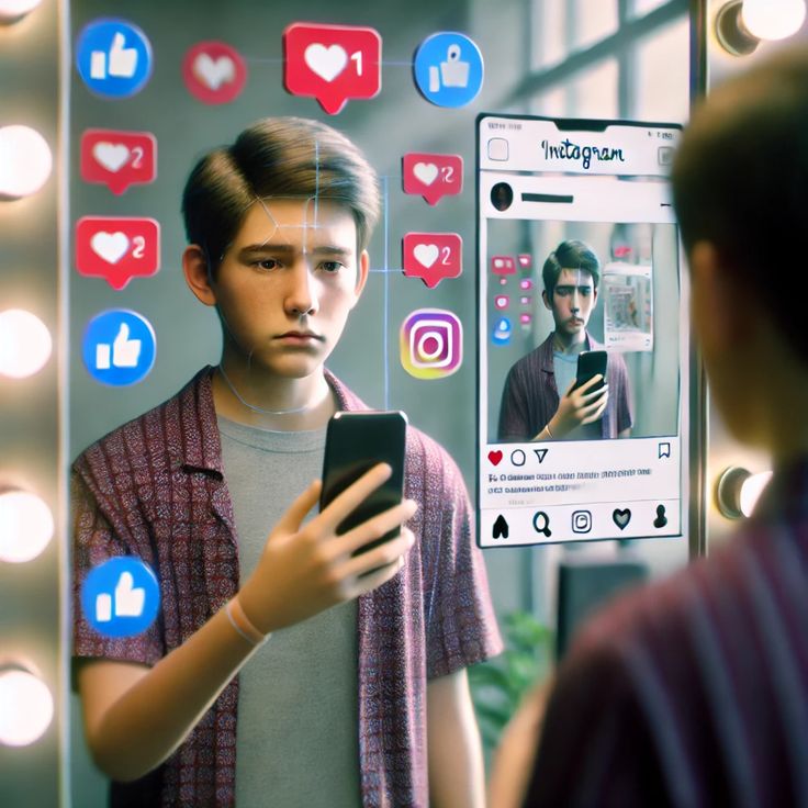 گەنجێک مۆبایلەکەی بەدەستەوەیە لەگەڵ ئایکۆنەکانی لایک و دڵەکانی سۆشیال میدیا و ڕووکاری ئینستاگڕام